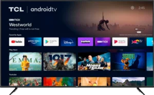 Smart TV with Android TV interface displaying IPTV apps like Netflix, YouTube, Disney+, and streaming channels on a TCL screen