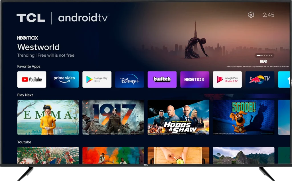 Smart TV with Android TV interface displaying IPTV apps like Netflix, YouTube, Disney+, and streaming channels on a TCL screen