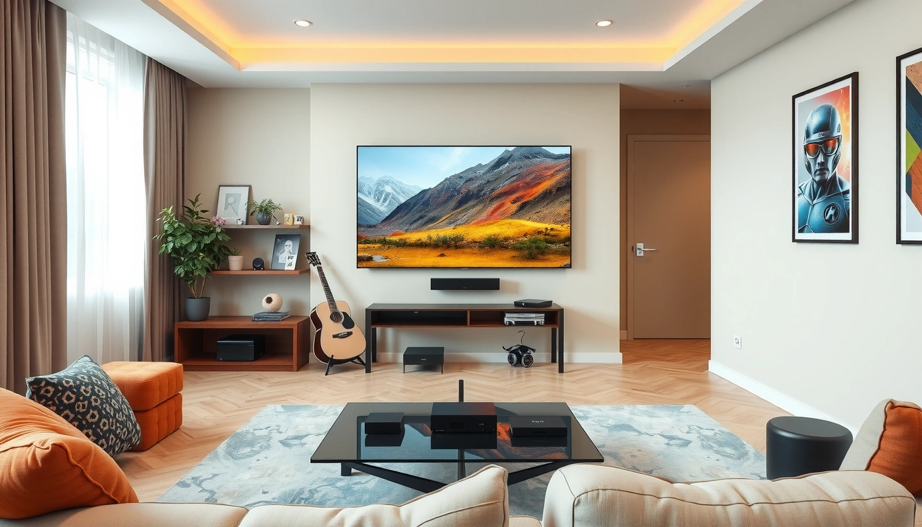 A Photo style image showing a modern living room setup with smart TVs and streaming devices connected to an IPTV system